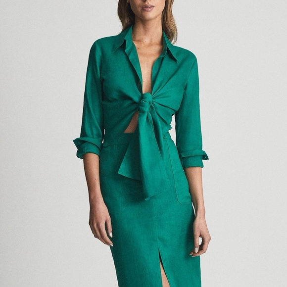 Reiss Corinne Linen Green Tie Waist Blouse - Picture 2 of 6